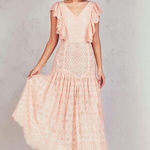 LoveShackFancy Peach Blush Eyelet Lace Midi Dress